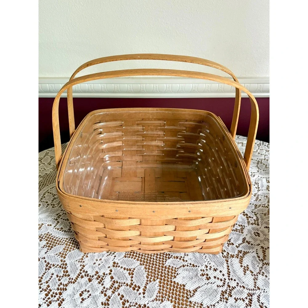 Longaberger 1992 Handwoven Square Cake Basket Dual Handle Liner USA Made 12x12x6